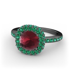 Linne Yüzük - Kök yakut ve yeşil kuvars 925 ayar siyah rodyum kaplama gümüş yüzük #1j6af9u