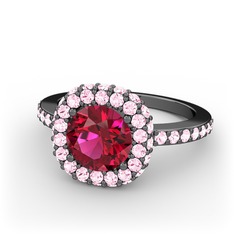 Linne Yüzük - Rodolit garnet ve pembe kuvars 925 ayar siyah rodyum kaplama gümüş yüzük #1kkhgrg