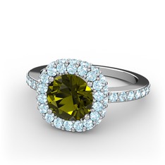 Peridot ve akuamarin 8 ayar beyaz altın yüzük