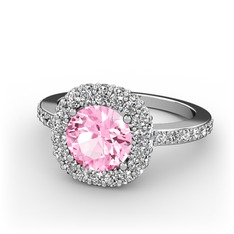 Pembe kuvars ve beyaz zirkon 18 ayar beyaz altın yüzük