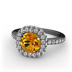 Linne Yüzük - Sitrin ve swarovski 925 ayar siyah rodyum kaplama gümüş yüzük #355ew9