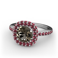 Linne Yüzük - Dumanlı kuvars ve kök yakut 14 ayar beyaz altın yüzük #3q9qyp