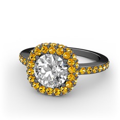 Linne Yüzük - Beyaz zirkon ve sitrin 925 ayar siyah rodyum kaplama gümüş yüzük #6ght5v