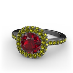 Linne Yüzük - Garnet ve peridot 925 ayar siyah rodyum kaplama gümüş yüzük #7fit5q
