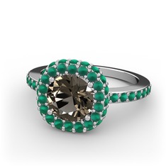 Linne Yüzük - Dumanlı kuvars ve kök zümrüt 14 ayar beyaz altın yüzük #7s5zug