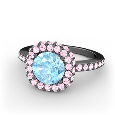 Linne Yüzük - Akuamarin ve pembe kuvars 925 ayar siyah rodyum kaplama gümüş yüzük #agl6o1
