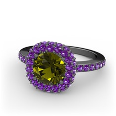 Linne Yüzük - Peridot ve ametist 925 ayar siyah rodyum kaplama gümüş yüzük #b6nw8b