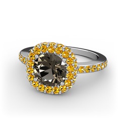 Linne Yüzük - Dumanlı kuvars ve sitrin 14 ayar beyaz altın yüzük #d6xelv