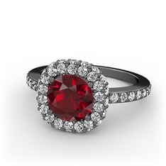 Linne Yüzük - Garnet ve beyaz zirkon 925 ayar siyah rodyum kaplama gümüş yüzük #k604g3