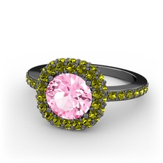 Linne Yüzük - Pembe kuvars ve peridot 925 ayar siyah rodyum kaplama gümüş yüzük #ljm5sf