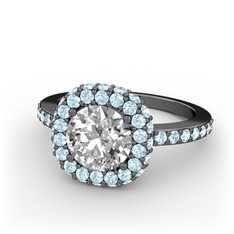 Beyaz zirkon ve akuamarin 925 ayar siyah rodyum kaplama gümüş yüzük