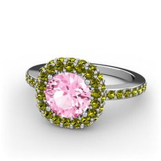 Pembe kuvars ve peridot 8 ayar beyaz altın yüzük