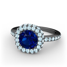 Linne Yüzük - Lab safir ve akuamarin 925 ayar siyah rodyum kaplama gümüş yüzük #vz45y