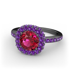 Linne Yüzük - Rodolit garnet ve ametist 925 ayar siyah rodyum kaplama gümüş yüzük #wg96gk