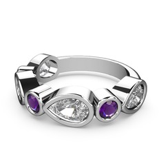 Beyaz zirkon ve ametist 14 ayar beyaz altın yüzük