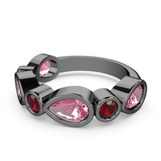 Alina Yüzük - Pembe kuvars ve garnet 925 ayar siyah rodyum kaplama gümüş yüzük #15c7y1i