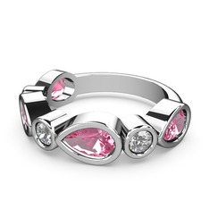 Pembe kuvars ve pırlanta 14 ayar beyaz altın yüzük (0.22 karat)