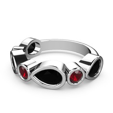 Siyah zirkon ve garnet 14 ayar beyaz altın yüzük