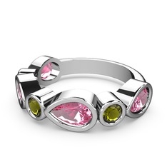 Pembe kuvars ve peridot 18 ayar beyaz altın yüzük