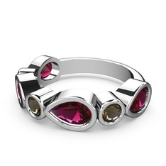 Rodolit garnet ve dumanlı kuvars 8 ayar beyaz altın yüzük