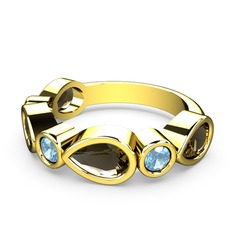 Dumanlı kuvars ve akuamarin 18 ayar altın yüzük