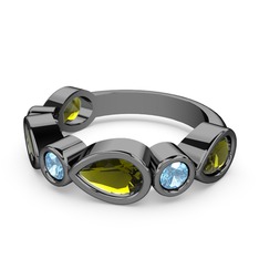 Peridot ve akuamarin 925 ayar siyah rodyum kaplama gümüş yüzük