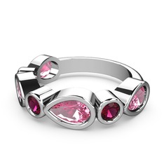 Pembe kuvars ve rodolit garnet 8 ayar beyaz altın yüzük