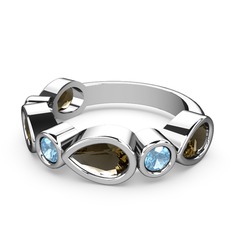 Dumanlı kuvars ve akuamarin 8 ayar beyaz altın yüzük