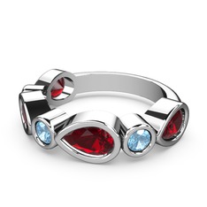Garnet ve akuamarin 8 ayar beyaz altın yüzük