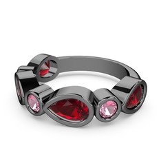 Garnet ve pembe kuvars 925 ayar siyah rodyum kaplama gümüş yüzük