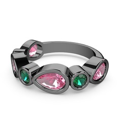 Alina Yüzük - Pembe kuvars ve yeşil kuvars 925 ayar siyah rodyum kaplama gümüş yüzük #chr20u