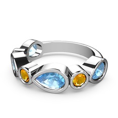 Akuamarin ve sitrin 8 ayar beyaz altın yüzük