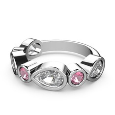 Beyaz zirkon ve pembe kuvars 14 ayar beyaz altın yüzük