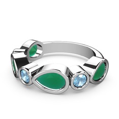 Kök zümrüt ve akuamarin 8 ayar beyaz altın yüzük