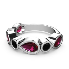 Rodolit garnet ve siyah zirkon 8 ayar beyaz altın yüzük