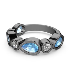 Alina Yüzük - Akuamarin ve beyaz zirkon 925 ayar siyah rodyum kaplama gümüş yüzük #rw7h6j