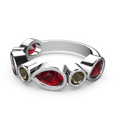 Garnet ve dumanlı kuvars 8 ayar beyaz altın yüzük