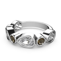 Beyaz zirkon ve dumanlı kuvars 8 ayar beyaz altın yüzük