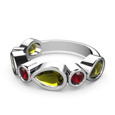 Peridot ve garnet 8 ayar beyaz altın yüzük