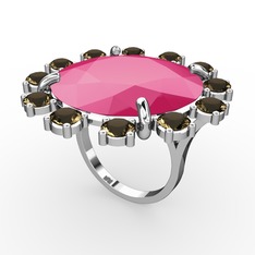 Lumi Yüzük - Neon pembe akrilik ve dumanlı kuvars 14 ayar beyaz altın yüzük #12x9otv