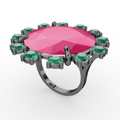 Neon pembe akrilik ve yeşil kuvars 925 ayar siyah rodyum kaplama gümüş yüzük
