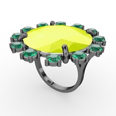 Lumi Yüzük - Neon sarı akrilik ve yeşil kuvars 925 ayar siyah rodyum kaplama gümüş yüzük #1mroxx8