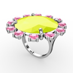 Neon sarı akrilik ve pembe kuvars 14 ayar beyaz altın yüzük