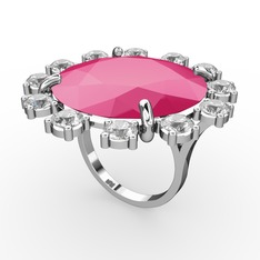Neon pembe akrilik ve beyaz zirkon 8 ayar beyaz altın yüzük