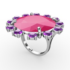 Neon pembe akrilik ve ametist 8 ayar beyaz altın yüzük
