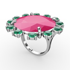 Lumi Yüzük - Neon pembe akrilik ve yeşil kuvars 14 ayar beyaz altın yüzük #h6bd94