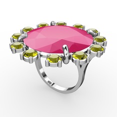 Lumi Yüzük - Neon pembe akrilik ve peridot 8 ayar beyaz altın yüzük #pkr26s