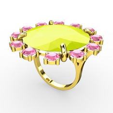 Neon sarı akrilik ve pembe kuvars 14 ayar altın yüzük